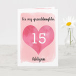 Carte Pretty Pink Heart 15th Birthday Granddaughter<br><div class="desc">A pink 15th birthday granddaughter card, which features a water color heart against pink water color. You can personalize the heart with the age you need and add her name underneath the heart. The inside message can be easily edited if wanted. The back of the card has a smaller version...</div>