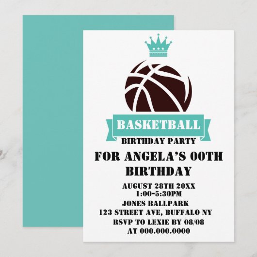 Carte Princess Turquoise Basketball Anniversaire Invitat (Devant / Derrière)