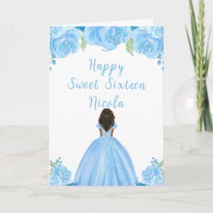 Carte Princesse à peau foncée Sweet sixteen bleu clair