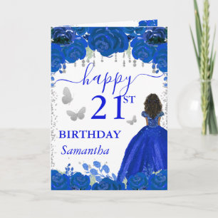 Carte Princesse à peau noire robe bleu royal anniversair