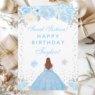 Carte Princesse aux Cheveux Bruns Hiver Bleu Douze Ans