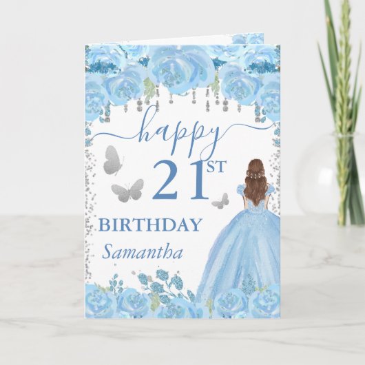 Carte Princesse aux Cheveux Roux Robe Bleue Anniversaire (Devant)