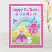 Carte Princesse Blonde avec château et anniversaire arc- (Fleur jaune)