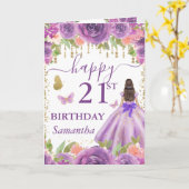 Carte Princesse Brune Anniversaire Robe Violette (Fleur jaune)