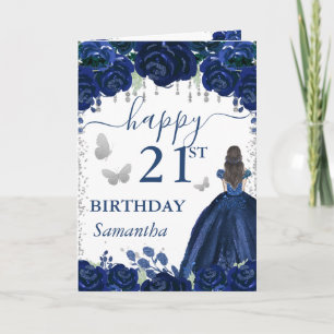 Carte Princesse Brune Robe Bleu Marine Anniversaire