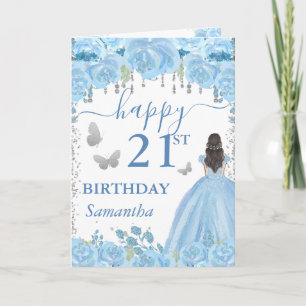 Carte Princesse Brune Robe Bleue Anniversaire