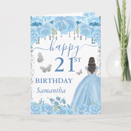 Carte Princesse Brune Robe Bleue Anniversaire (Devant)