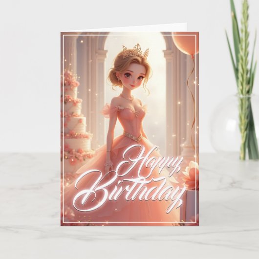 Carte Princesse d'anniversaire dans une robe rose de rêv (Devant)