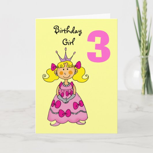 Carte princesse de 3 ans (cheveux blonds) (Devant)
