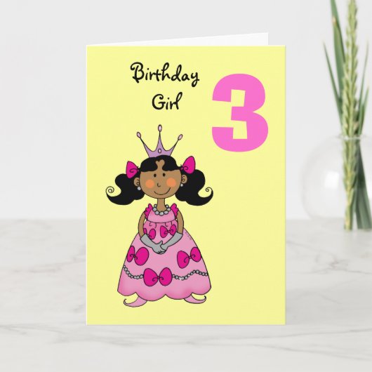 Carte princesse de 3 ans (cheveux noirs) (Devant)