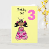 Carte princesse de 3 ans (cheveux noirs) (Fleur jaune)