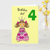Carte princesse de 4 ans (cheveux bruns) (Fleur jaune)