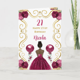 Carte Princesse de la peau foncée Bourgogne Joyeux anniv