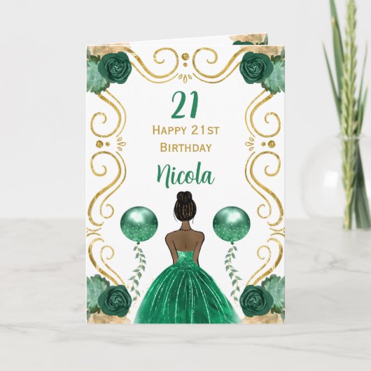 Carte Princesse de la peau foncée Vert Joyeux anniversai (Devant)