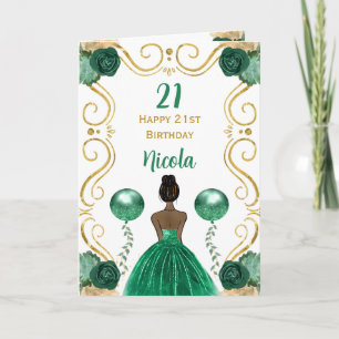 Carte Princesse de la peau foncée Vert Joyeux anniversai