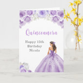 Carte Princesse en Robe violette Anniversaire Quinceaner (Fleur jaune)