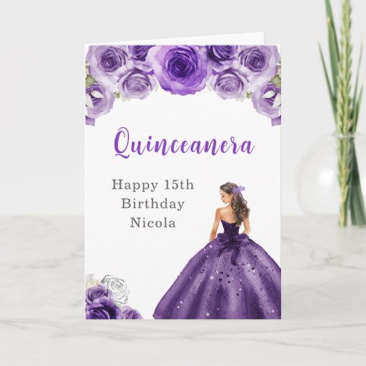 Carte Princesse en Robe violette Anniversaire Quinceaner (Devant)