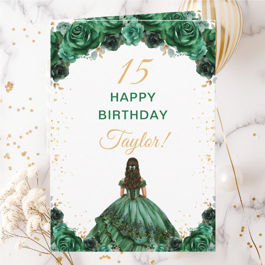 Carte Princesse Fleurale Vert Foncé Joyeux Anniversaire