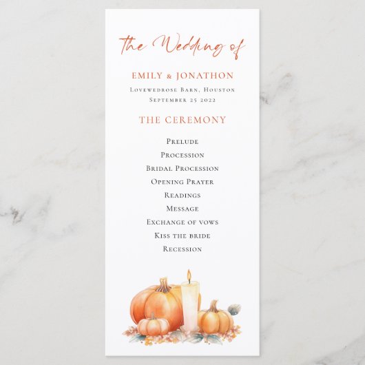 Carte Printable Automne Citrouille Candle Wedding Progra (Devant)