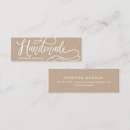 Carte produit artisanal en script blanc kraft (Devant / Derrière)