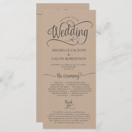 Carte programme de mariage conception calligraphie (Devant / Derrière)