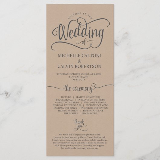 Carte programme de mariage conception calligraphie (Devant)