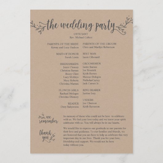 Carte programme de mariage kraft rustique (5x7 pou (Dos)