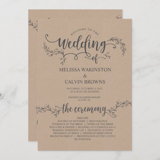 Carte programme de mariage kraft rustique (5x7 pou (Devant / Derrière)