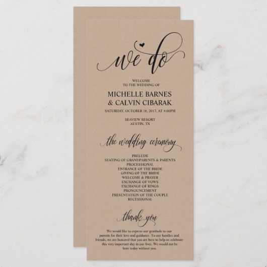 Carte programme mariage dans design rustique moder (Devant / Derrière)