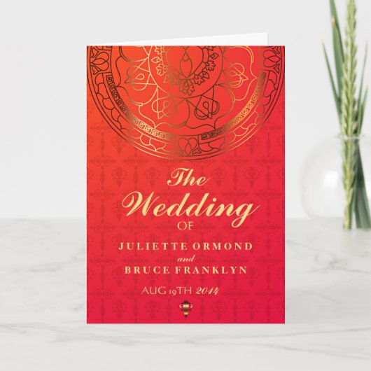 Carte programme Orange Mariage damassé (Devant)