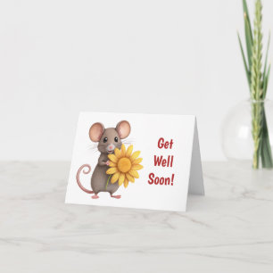 Carte Prompt rétablissement joli souris avec fleur jaune