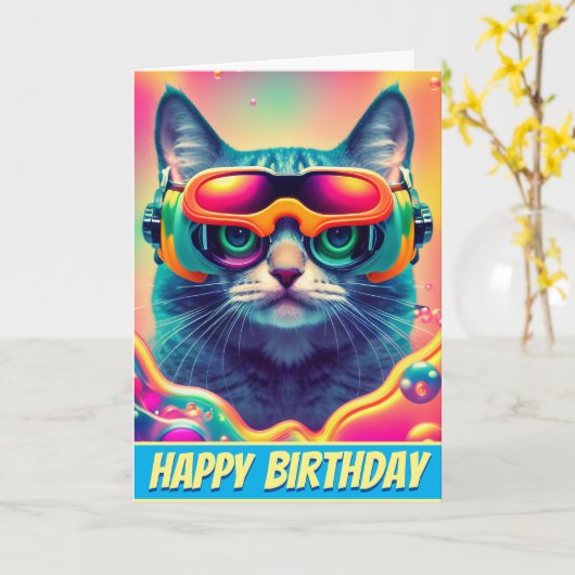 Carte Psychédélique cool Chat Kitty (Fleur jaune)