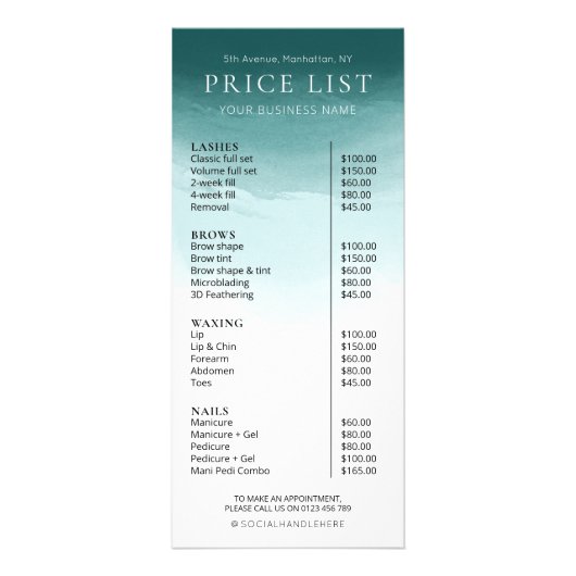 Carte Publicitaire Aquarelle moderne Salon d'affaires Turquoise Tarif (Devant)