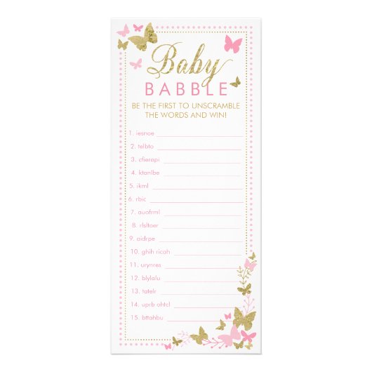 Carte Publicitaire Baby shower Mot Jeu, Papillons (Devant)
