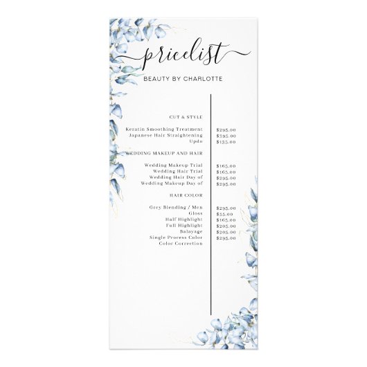 Carte Publicitaire Blue Eucalyptus Salon Tarifs Planche à mousse (Devant)