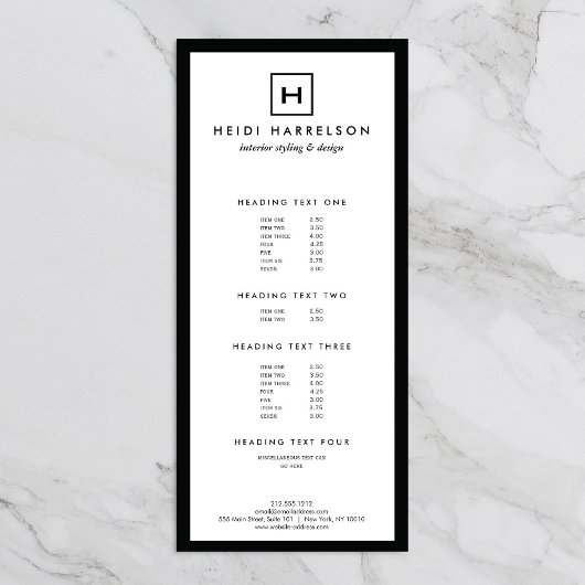 Carte Publicitaire BOÎTE LOGO avec VOTRE INITIAL/MONOGRAM noir/blanc