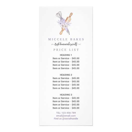 Carte Publicitaire Boulangerie Florale Violet Prix de service (Devant)