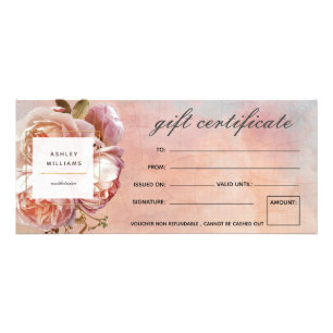 Carte Publicitaire Certificat cadeau Pink Rose Peony moderne Botaniqu
