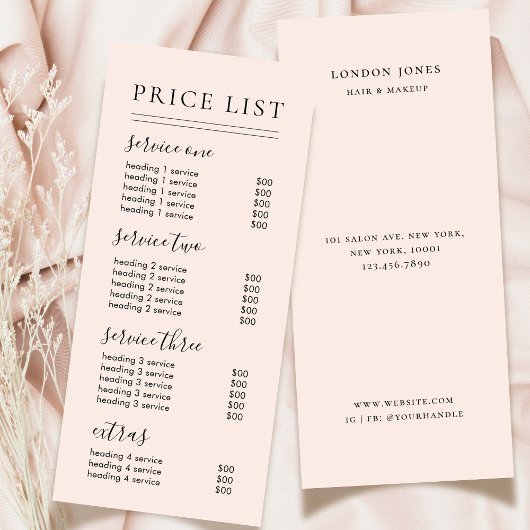 Carte Publicitaire Chic Typography Services Blush Price List