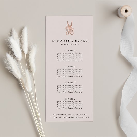 Carte Publicitaire Ciseaux or rose | Tarifs ou services de salons