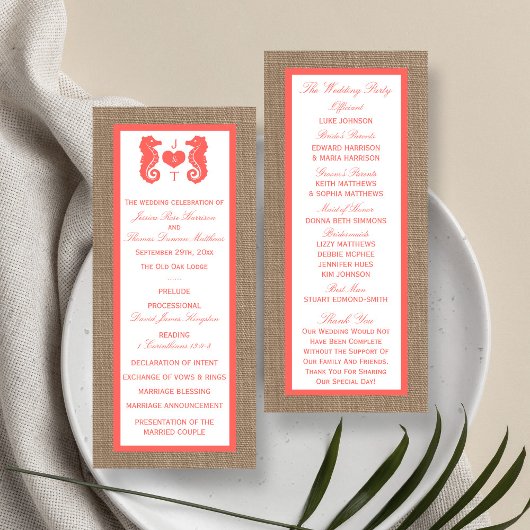 Carte Publicitaire Coral Seahorse Burlap Beach Wedding Program