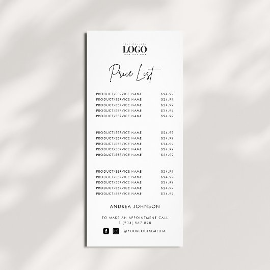 Carte Publicitaire Custom Logo Minimalist Services Script Price List