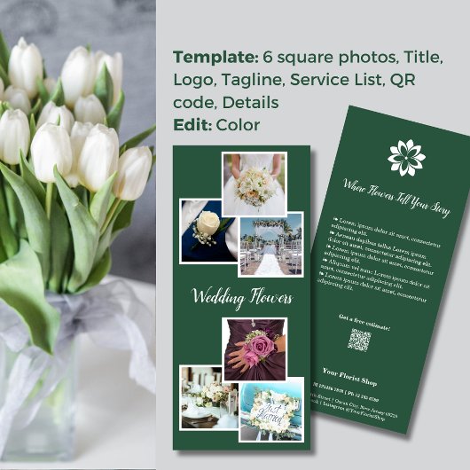 Carte Publicitaire Élégance Vert & Blanc 💐 Fleuriste pour Mariages