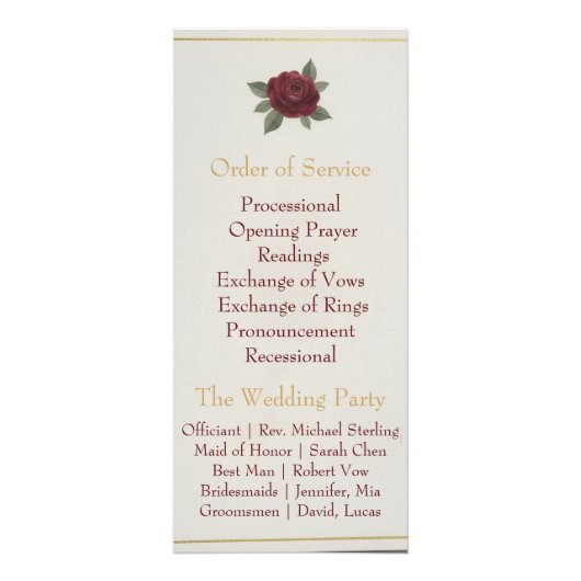 Carte Publicitaire Elegant Burgundy Floral & Gold Wedding Program (Dos)