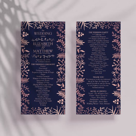 Carte Publicitaire Elégant Marine & Rose Gold Floral Wedding Programm