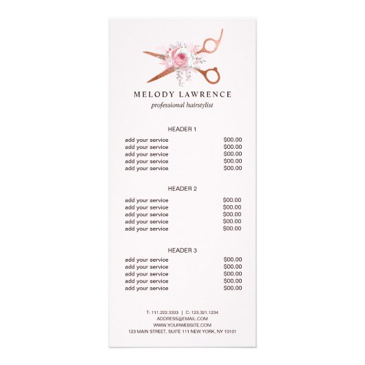 Carte Publicitaire Elégant rose en cuivre ciseaux en or coiffeuse (Devant)