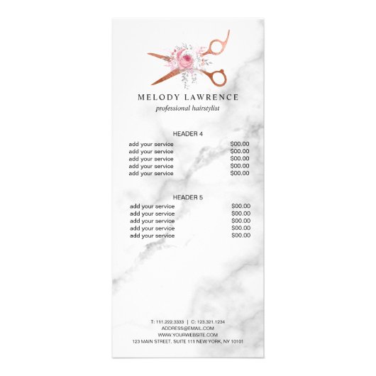 Carte Publicitaire Elégant rose en cuivre ciseaux en or coiffeuse (Dos)