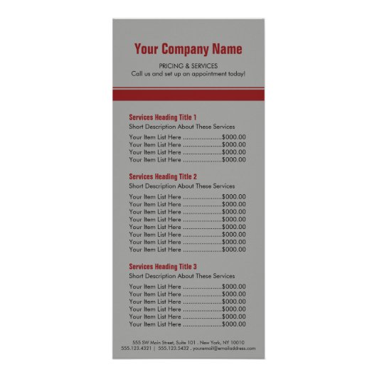 Carte Publicitaire Gris Rouge Bordure simple Tarification 3 (Devant)