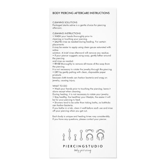 Carte Publicitaire Instructions d'après-soins Piercing corporel moder (Devant)
