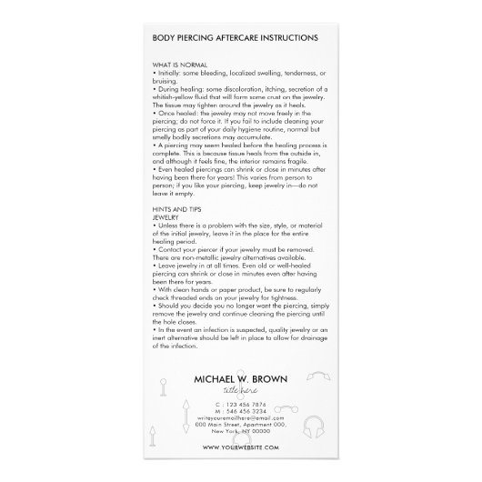 Carte Publicitaire Instructions d'après-soins Piercing corporel moder (Dos)